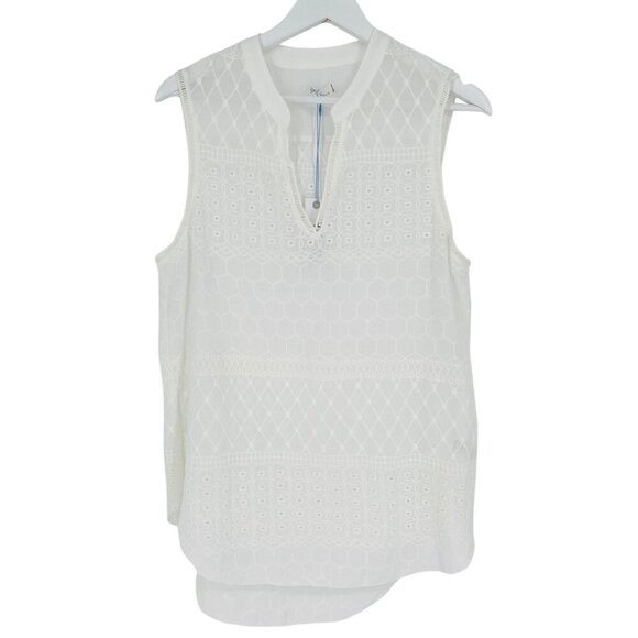 GF Collection Tank Top Off White Embroidered Eyelet Sheer High Low V-Neck Size M - Picture 1 of 15